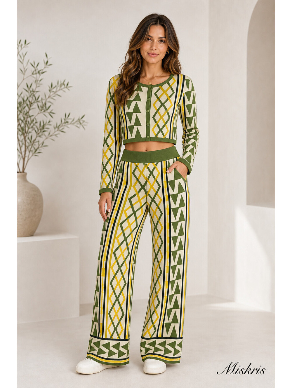 MISA Los Angeles Knit Cardigan & Pants Set Green Yellow Geometric Size S NWT